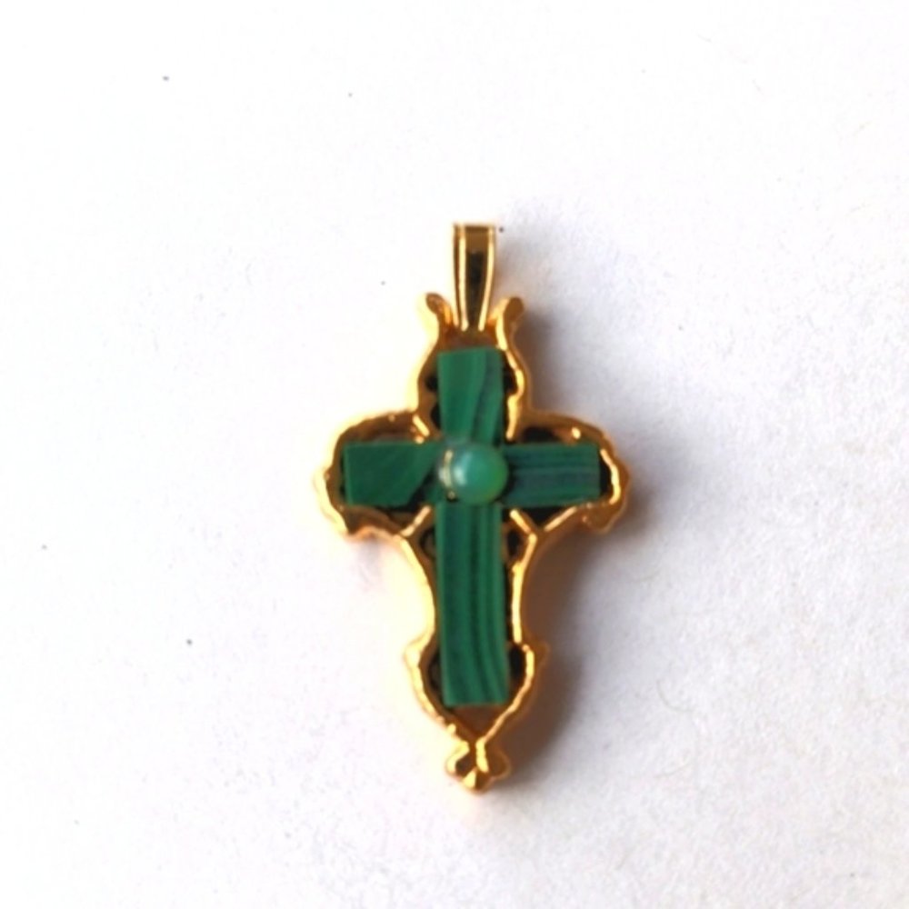Brand New gold tone cross pendant with natural green malachite and jade